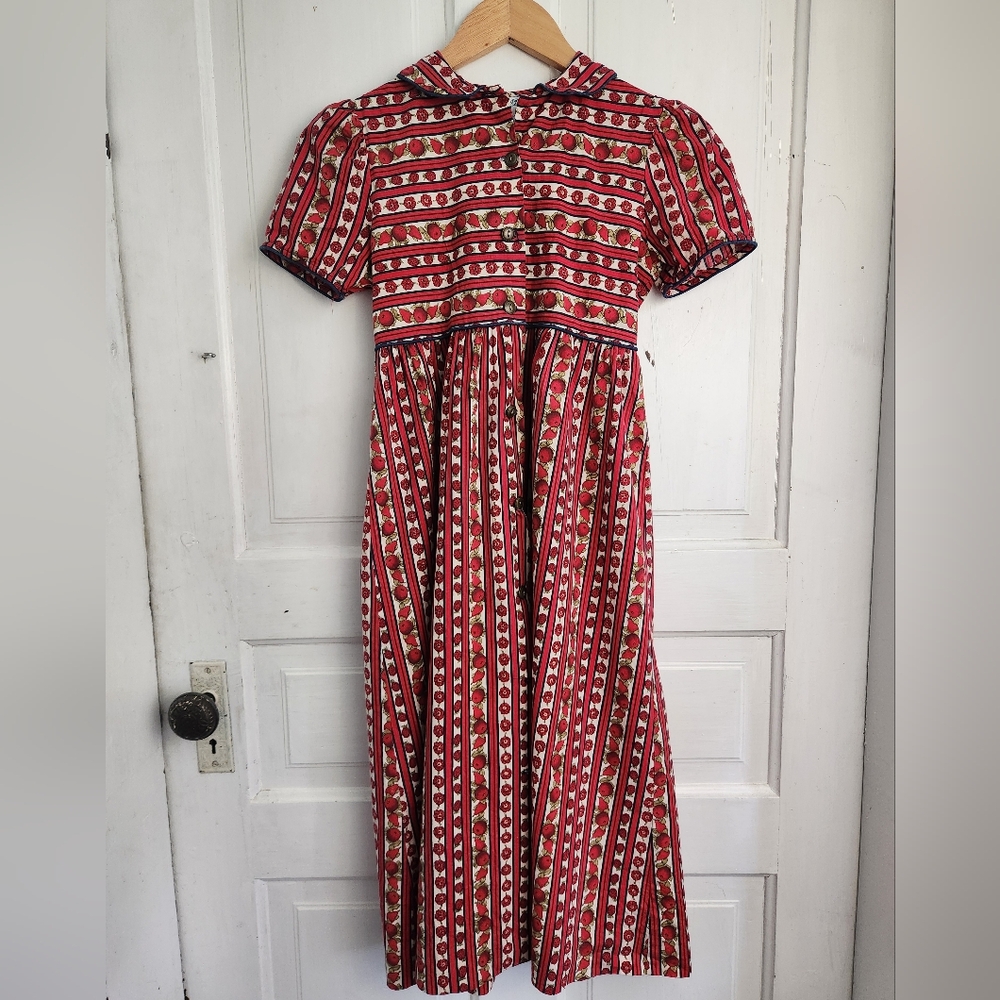 Vintage 90s Catherine Rebecca Red And White Fruit Pint Dress With Blue Trim Sz12